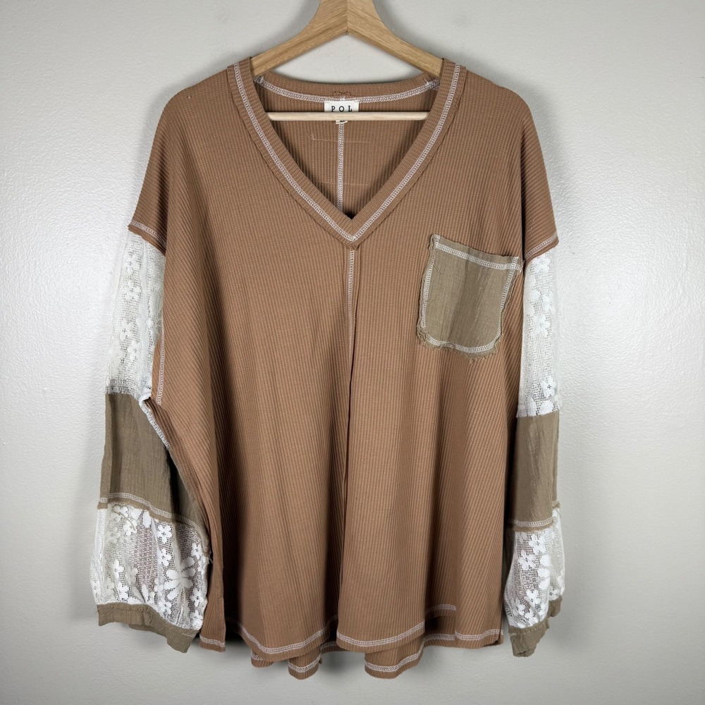 POL Women's M Waffle Knit Top Tan Lace Patchwork Sleeve V-Neck Boho NWOT